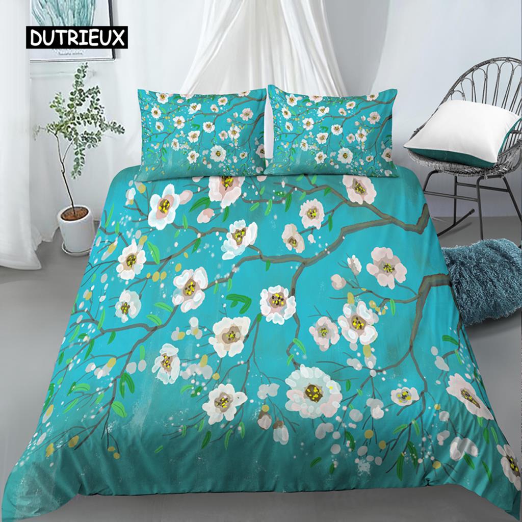 Blätter und Blumen Bettbezug-Set King Size Palmblätter Rosa Blumendruck Steppdeckenbezug für Mädchen Jungen Polyester 2/3-teiliges Bettwäscheset