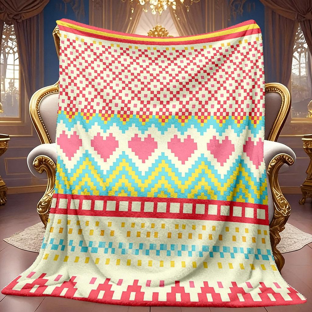 1pc 2D Heart Geometric Stripe Theme Pattern Flannel Blanket, Soft HD Digital Print, Cooling Blanket All-Season Use! Soft And Breathable 100% Polyester