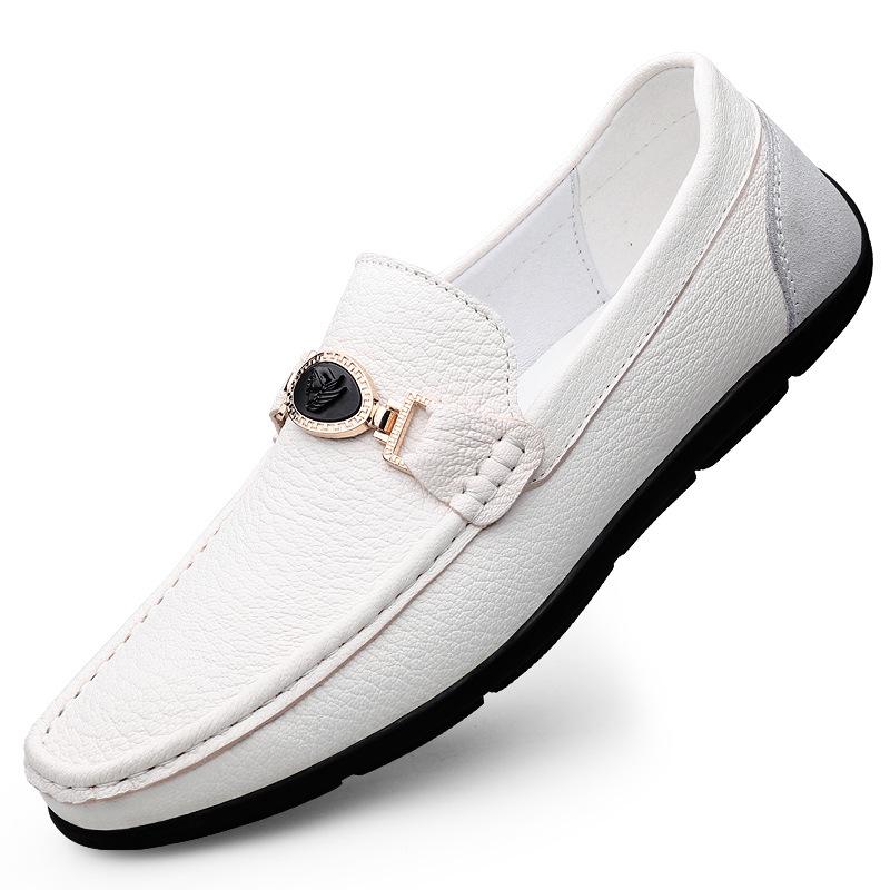 Men s Casual Leather Slip-On Loafers - Breathable Round Toe Flat Bottom Shoes 39 белый