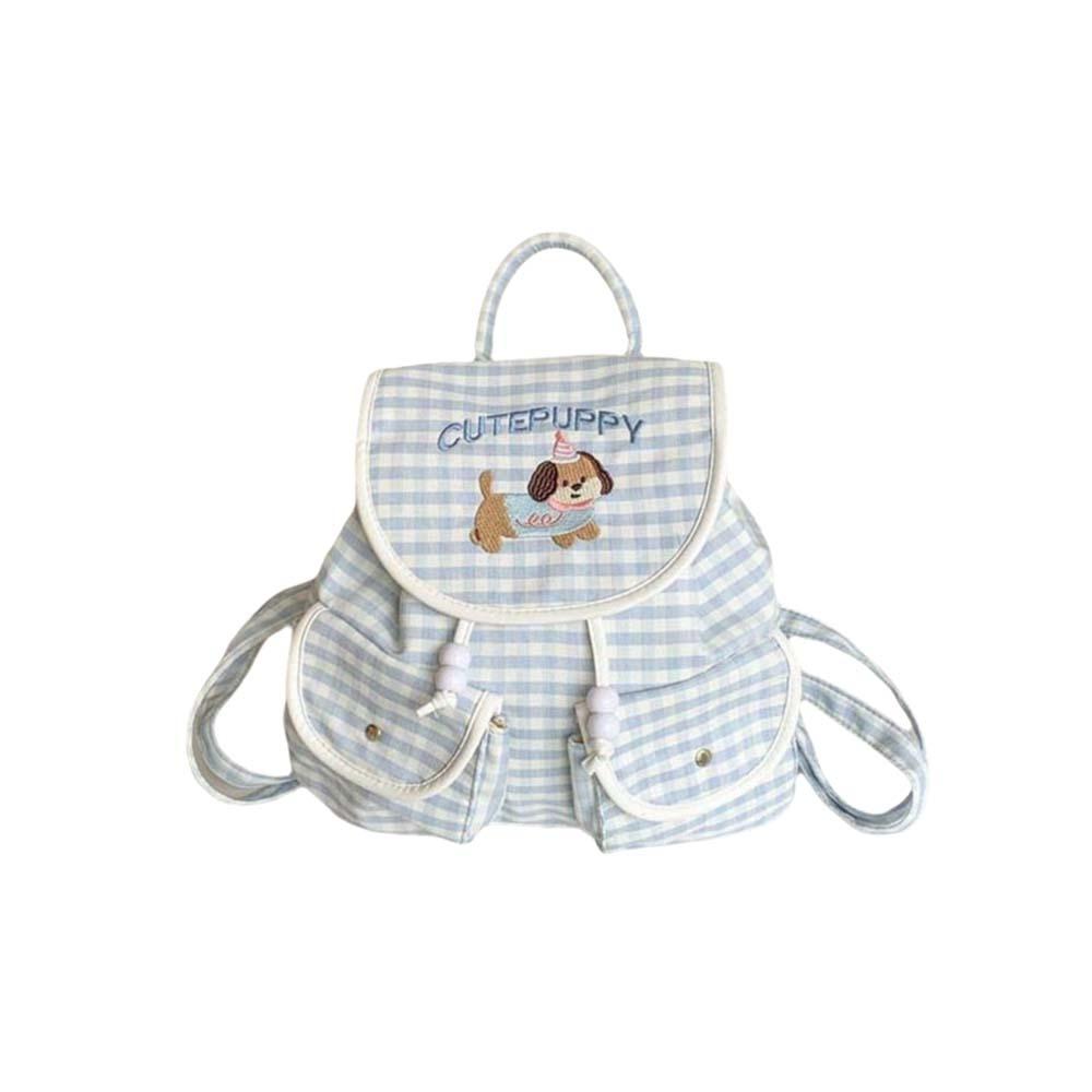 

Large Capacity Korean Drawstring Backpack Sweet Embroidery Puppy Plaid Daypack Women
