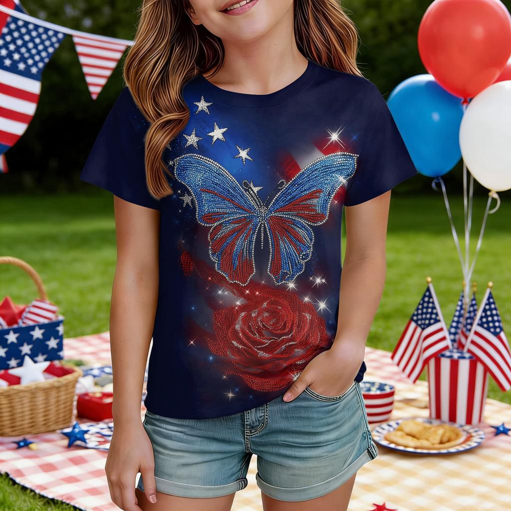 Kids Independence Day Print Round Neck Short Sleeve Casual T-shirt