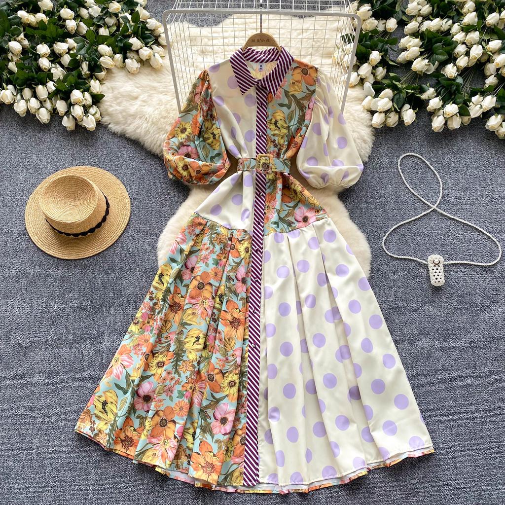 Summer Elegant Midi Patchwork Dress for Women Lapel 3/4 Sleeve Wave Point Breasted Female Design Vestidos New In 2024 Chic