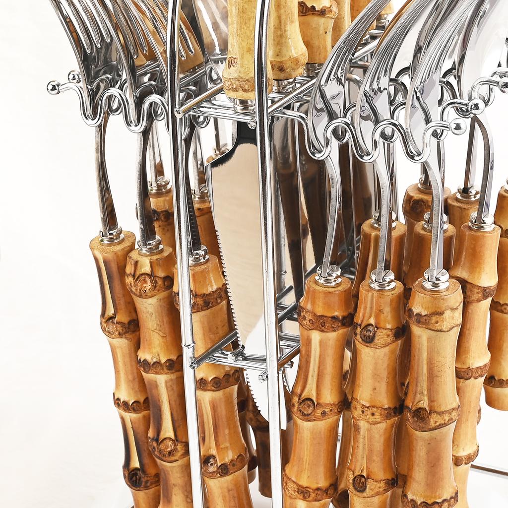 24-teiliges Geschirr-Set mit Ständer, Bambusgriff, Edelstahl, Geschirr, Messer, Besteck, Gabel, Löffel, Set mit Besteckständer