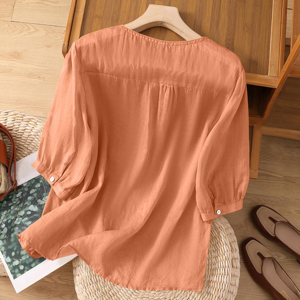 Women's Solid Color Cotton And Linen Short-sleeved Embroidered Retro Breathable T-shirt Round Neck Top