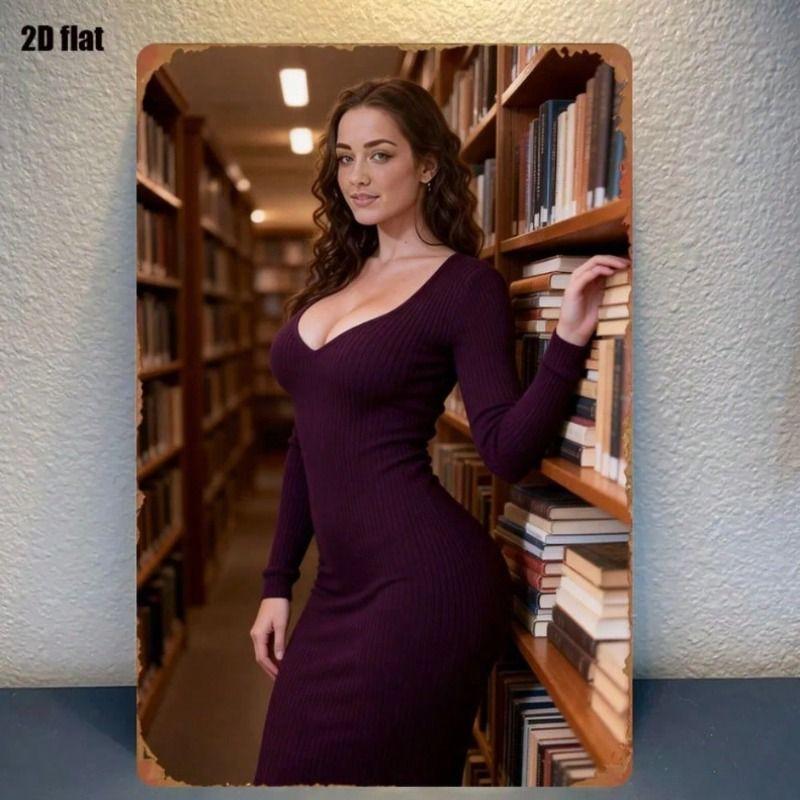 

Vintage Metal Poster Wall Art, Bookshelf Library Decor, Woman Silhouette for Living Room