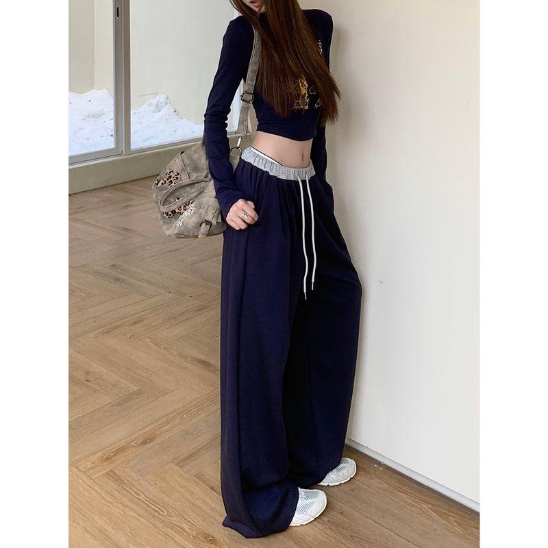 

Kumikumi Idle Style Waist Head Patchwork Drawstring Drape Casual Pants Women Autumn All-Match Loose Wide-Leg Pants Trousers Navy blue XL