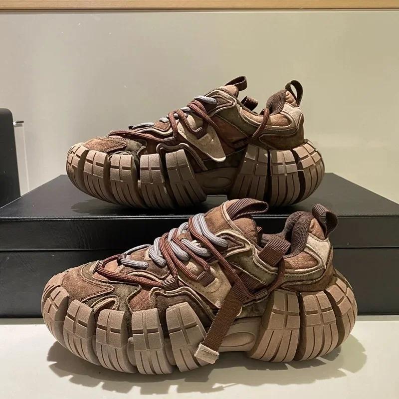 Platform Sneaker Men's Tire Sole Designer Chunky Running Shoes British Retro Luxury Microfiber Leather Shoes  Chaussure Homme