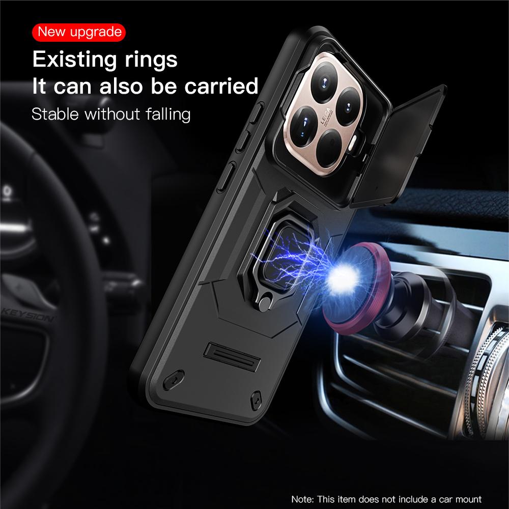 KEYSION Shockproof Armor Case for Xiaomi 15T Pro 5G Slide Camera Protection Metal Ring Stand Phone Back Cover for Xiaomi 15T 5G