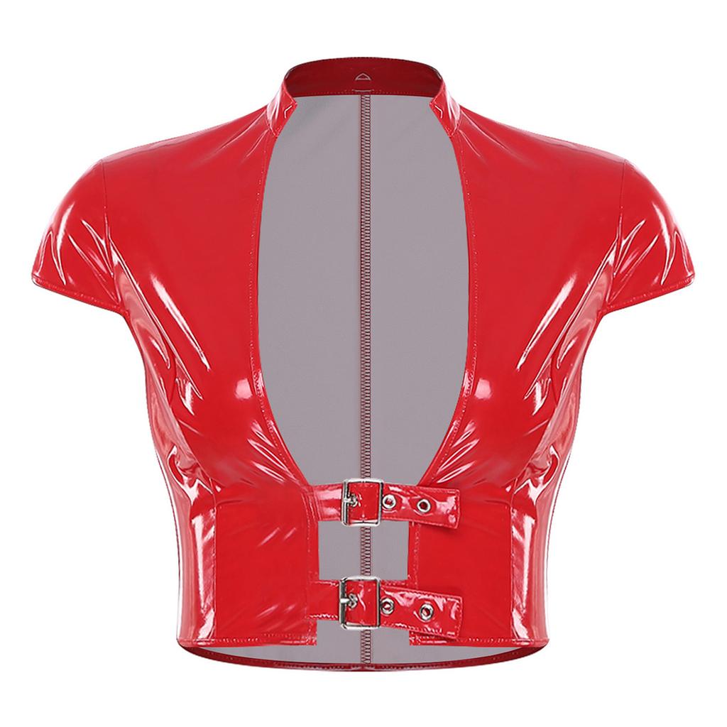 Womens Wet Look PU Crop Top Open Front Adjustable Buckles Cap Sleeve Corset