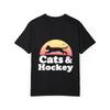 Cats and Hockey T Shirt White Cat Silhouette Sunset Design for Casual Wear