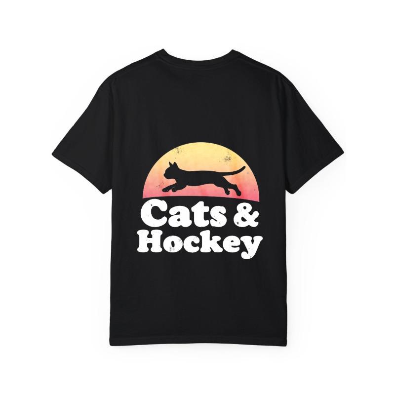 Cats and Hockey T Shirt White Cat Silhouette Sunset Design for Casual Wear