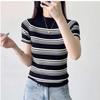 Korean Version of Semi-turtleneck Striped Knitted Short-sleeved Women's 1116 Spring and Summer New Popular Waist Short Small Clothes