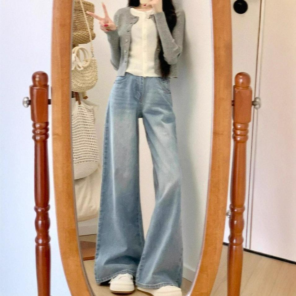Light Blue Loose Straight Wide-leg Jeans Women Fall High Waist Thin Fashion Versatile Drape Drag Pants Retro Street Style Baggy Long Jeans for Ladies