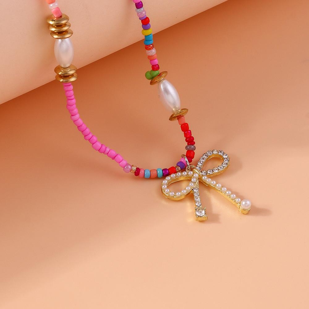 Pretty Handmade Colorful Beads Necklace for Women Crystal Heart Bowknot Pendants Necklaces Party Holiday Jewelry Gift