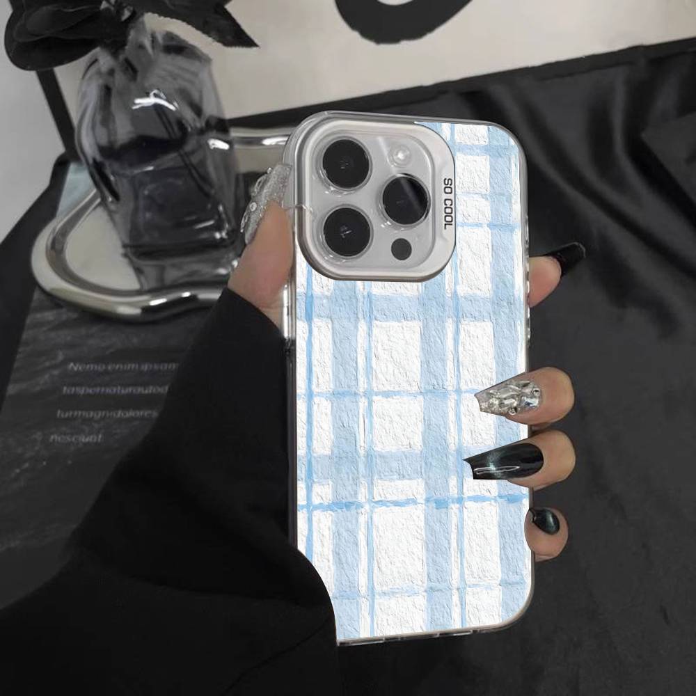 Ins Korean Blue Striped Grid Phone Case For iPhone 17,16,15,14,13,12,Pro,XS,Max,Plus,Mini,SE White Candy Matte Shockproof Cover