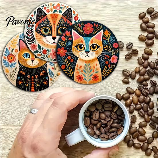 Waterproof Coasters for Daily Use 6 Pcs Cute Cat Coasters, Thick Heat-Resistant Wood Coaster Tabletop Protection, Unique Gift Ideas Lovers Non