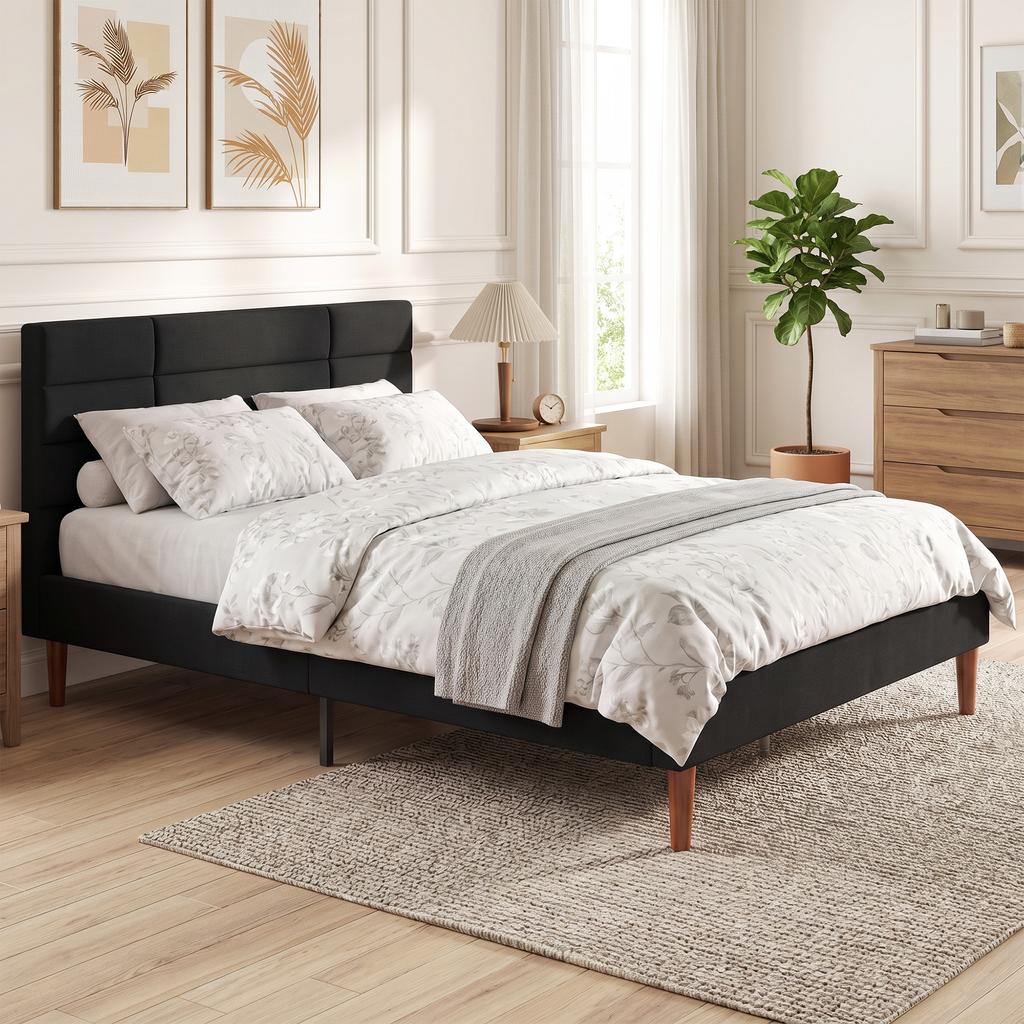 Double Bed Frame, 140 X 200 Cm, Wooden Slatted Base, Linen-Effect, Storage Underneath, Black