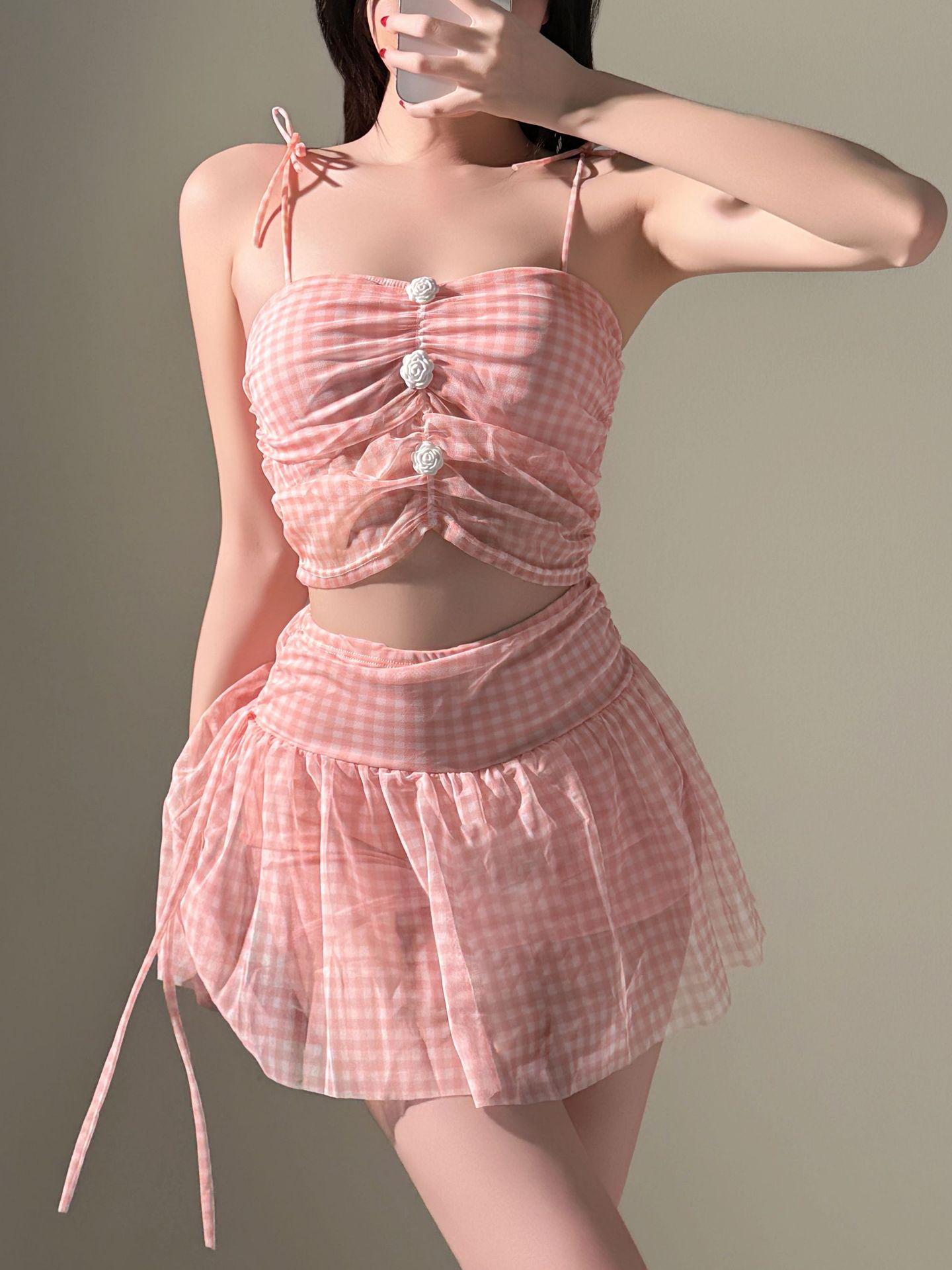 

2024 Euro-American Plaid Lace-Up Bandeau Vest & Slimming Skirt Set One Size (suitable for 75-120 jin)