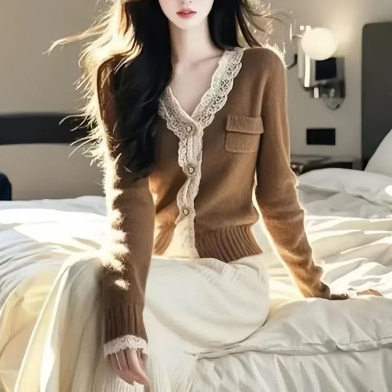 

Женский стильный кардиган с кружевной вставкой, милый шикарный, с бисером, вязаный, осенне-зимний, элегантный, с V-образным вырезом, с длинным рукавом, облегающий свитер, верхняя одежда S верблюд