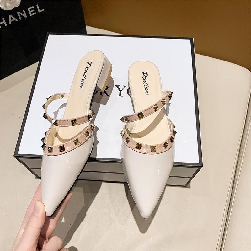 2025 New Riveted Semi-drag Thick-heeled Pointed Sandals for Women