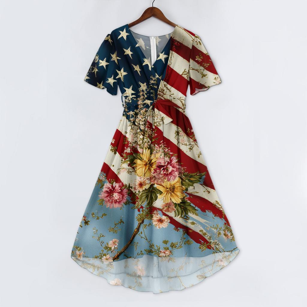 Women's Fashionable Casual V-neck Short-sleeved Independence Day Printed Dress