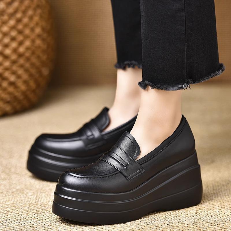 New retro wedge heel small leather shoes round head small height-increasing platform shoes spring fashion soft leather high-heeled loafers