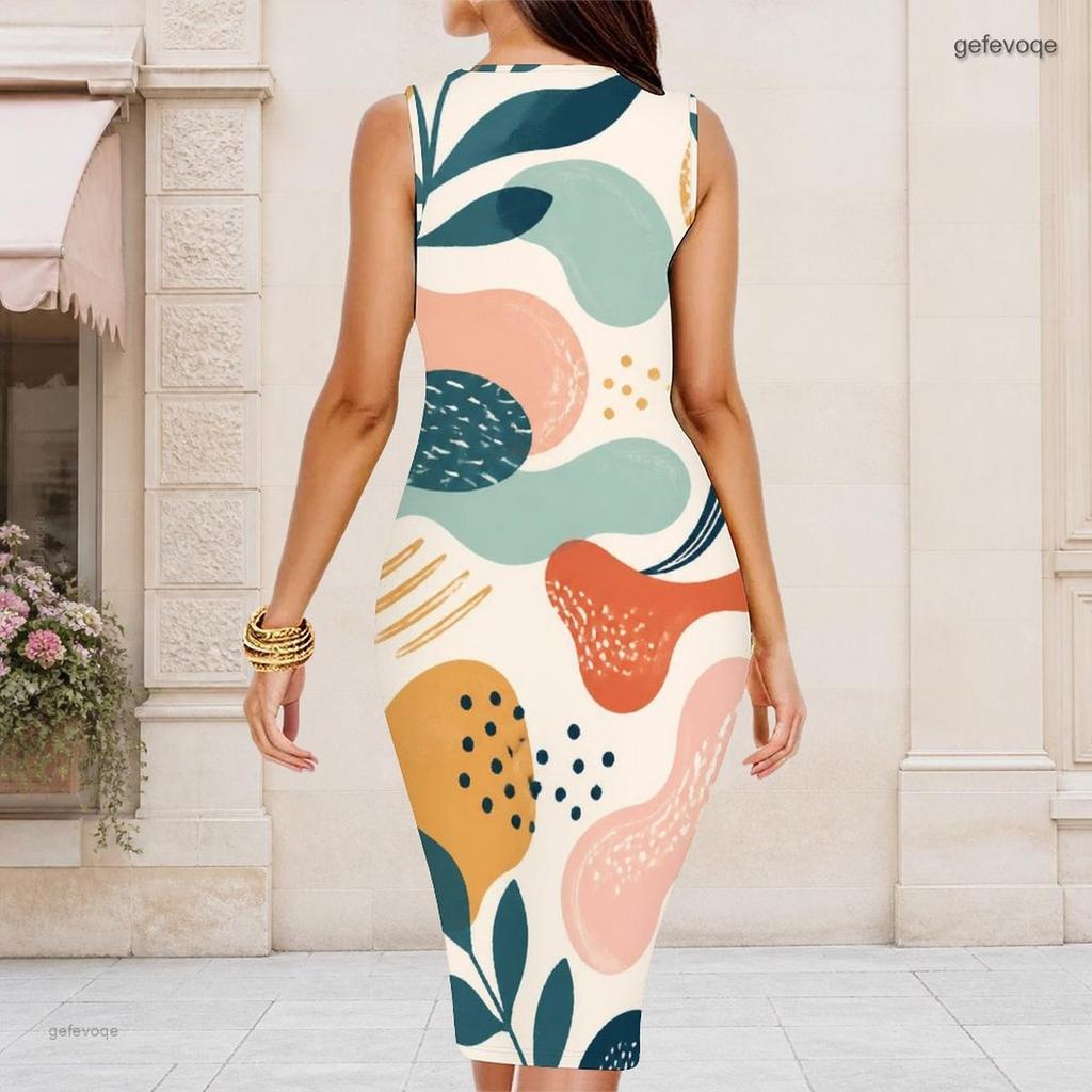 Women Plus Size Round Neck Sleeveless Colorful Printed Bodycon Midi Dress