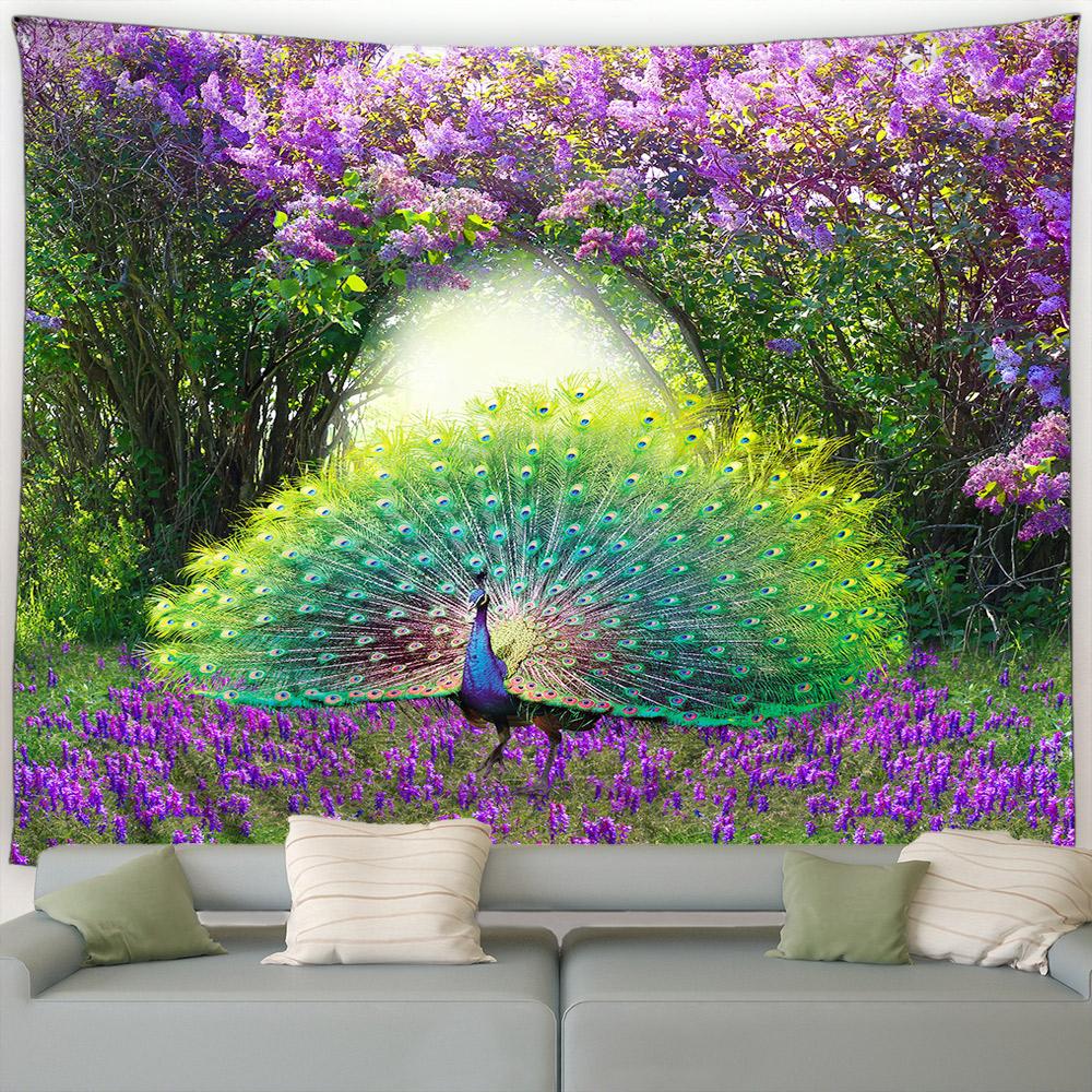 Grønne Påfuglblomster Tropisk Plante Fosslandskap Hage Veggoppheng Hjem Stue Dekorasjon Skogslandskap Gobelin