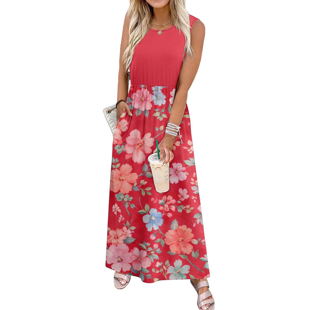 Ladies' Floral Print Casual And Fashionable Waist Cinched Sleeveless Dress