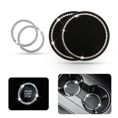 Getränkehalter-Untersetzer für Auto, Auto-Druckstartknopf, Bling-Ring, universelles Fahrzeug-Autozubehör, 2,75 Zoll, rutschfestes Silikon, Kristall-Strass