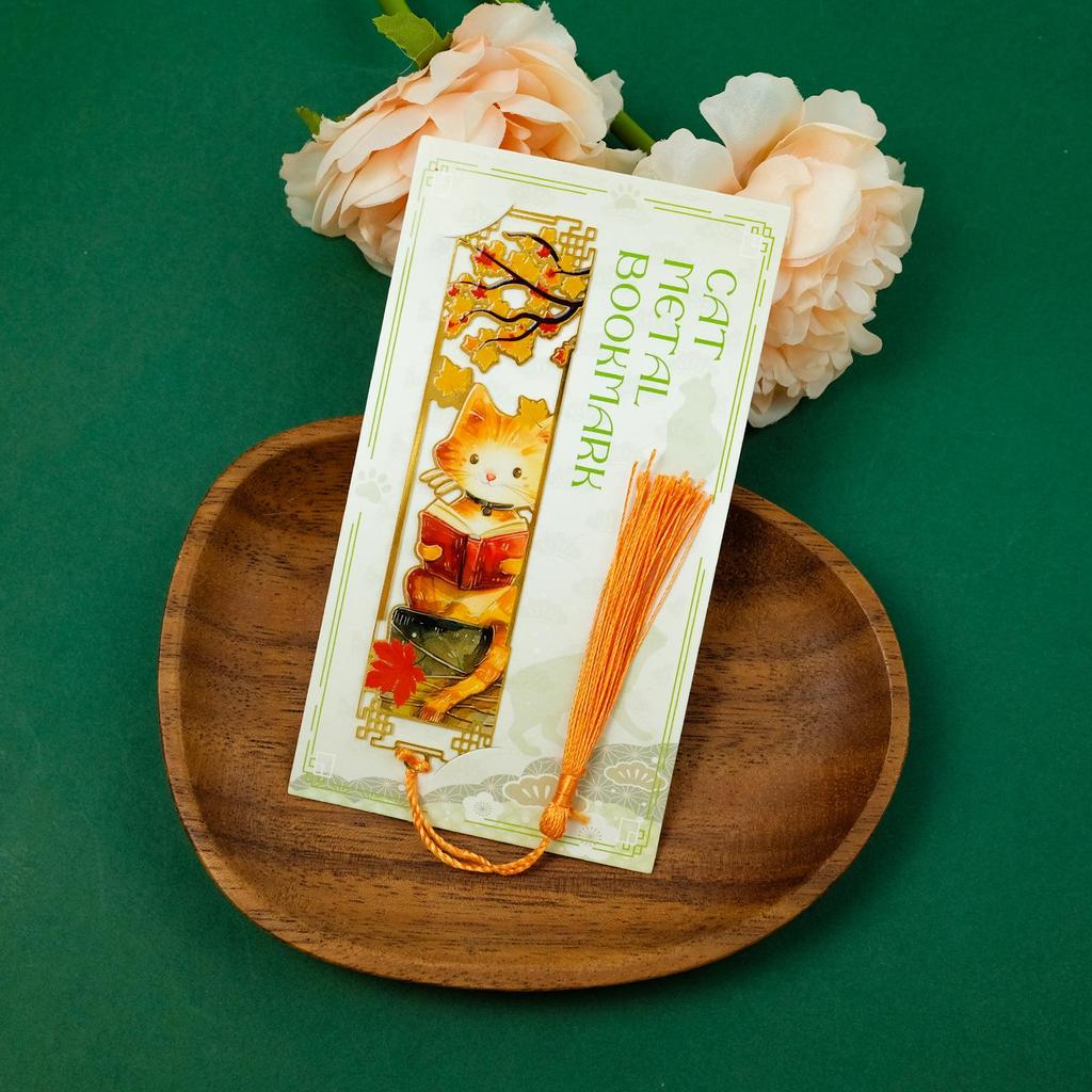 Cute Cat Four Seasons Chinese Metal Bookmark - Cultural Gift, Creative Hollow-out Design, Reading & Journal Decoration.