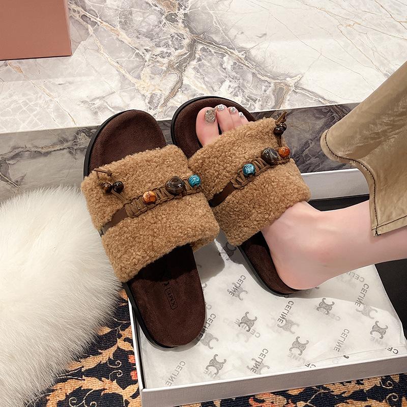 Retro versatile open-toed lamb wool slippers for women's outerwear 2025 autumn and winter new flat-bottomed casual one-word cotton mop