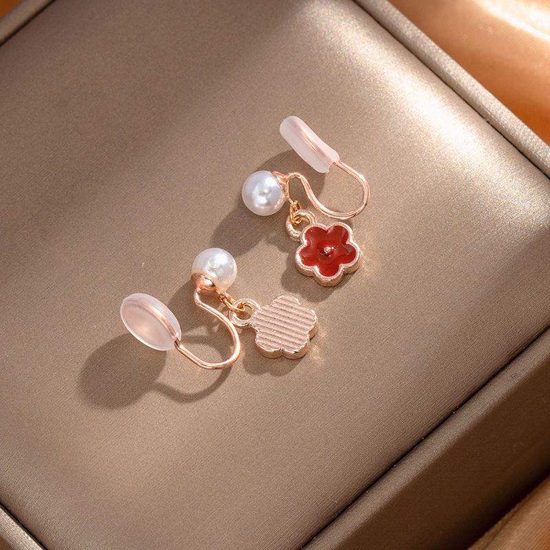 2023 New Imitation Pearl Red Flowers Without Piercing Mosquito Coil Ear Clip Cute Drop Earrings Women