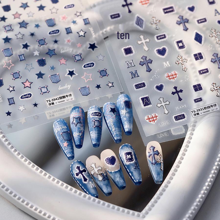 Cartoon Leopard Print Denim Nail Stickers - TENSOR TS-3931 Self-Adhesive, Thin, Tough, Cool Embossed Nail Art Decorations.