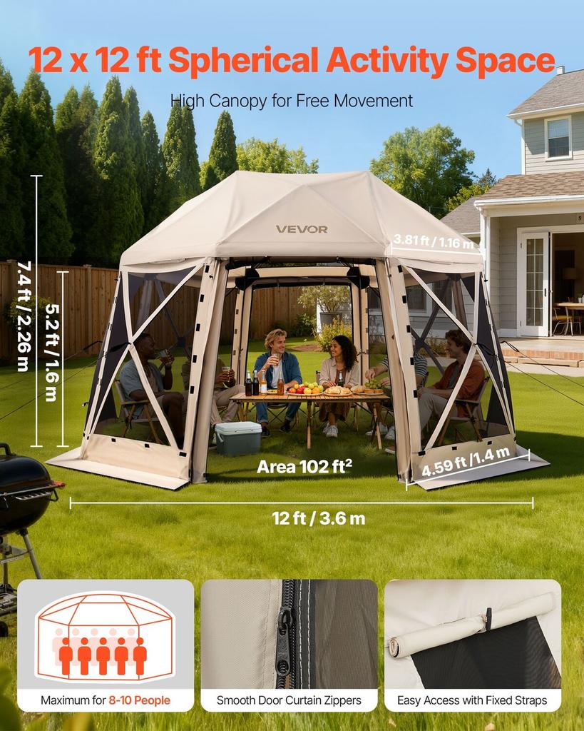 Tenda Gazebo Pop-up com Tela, 3,6x3,6 m, Tenda de Dossel de Acampamento Esférica de 13 Lados com Teto Removível e Bolsa de Transporte, Montagem Rápida e à Prova de Mosquitos, Casa de Tela Sol