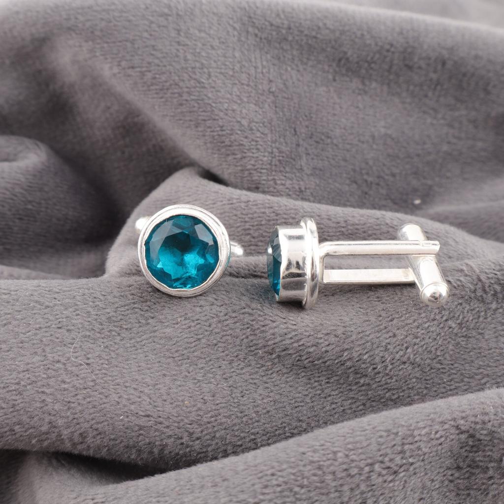 Natural Blue Apatite Gemstone 925 Solid Silver Handmade Jewelry Cufflinks 0.50" CL-4-2