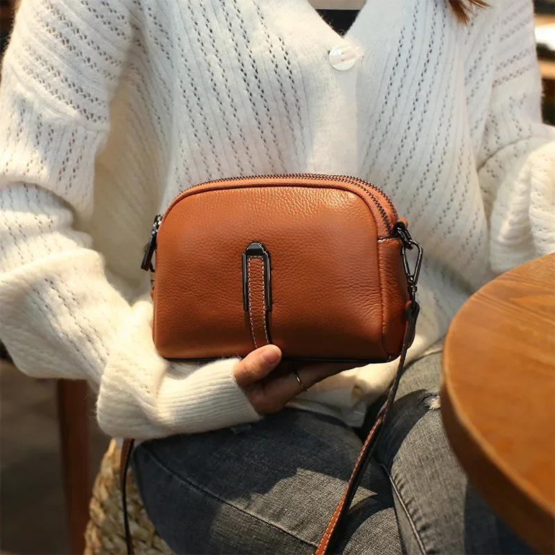 Genuine Cowhide Leather Crossbody Small Bag for Women - Compact Phe Purse, Adjustable Shoulder Strap, Summer Lightweight Bag