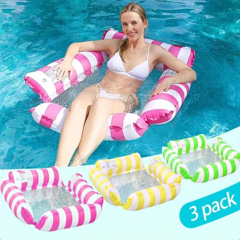 1PC Inflatable Water Hammock with Mesh Outdoor Foldable Striped Floating Bed Pool Lounge Chair for Beach Fun