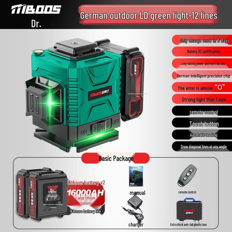 High-Precision 12-Line Outdoor Green Laser Level with Automatic Leveling for Walls and Floors