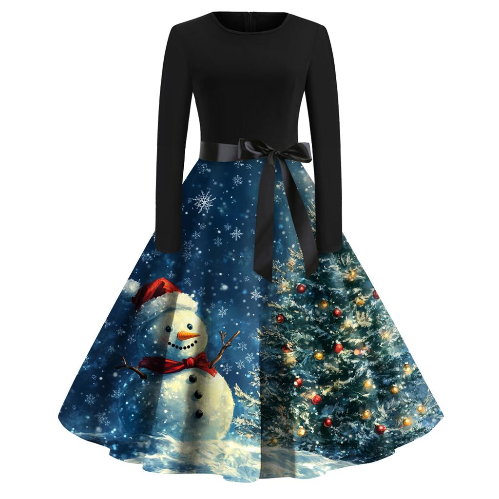 Women's Fashion Round Casual Slim Fit Christmas Print Large Swing Long Sleeve Dress