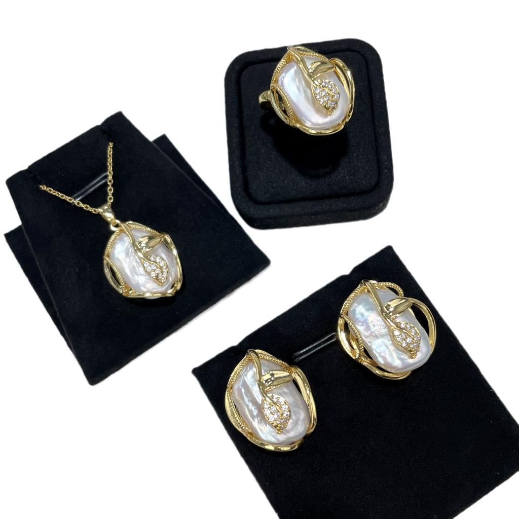 Fashion Leaf Baroque Pearl Necklace Earings Freshwater Pearl Jewelry Sets For Women Freshwater Pearl Necklace Pearl Earrings Rings