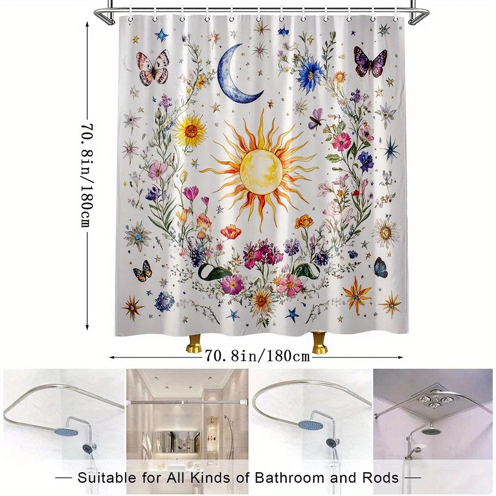 1Pc Sun And Moon Shower Curtain With Floral And Butterfly Design, Polyester Fabric, Bathroom Decoration, Included 12 Hooks,