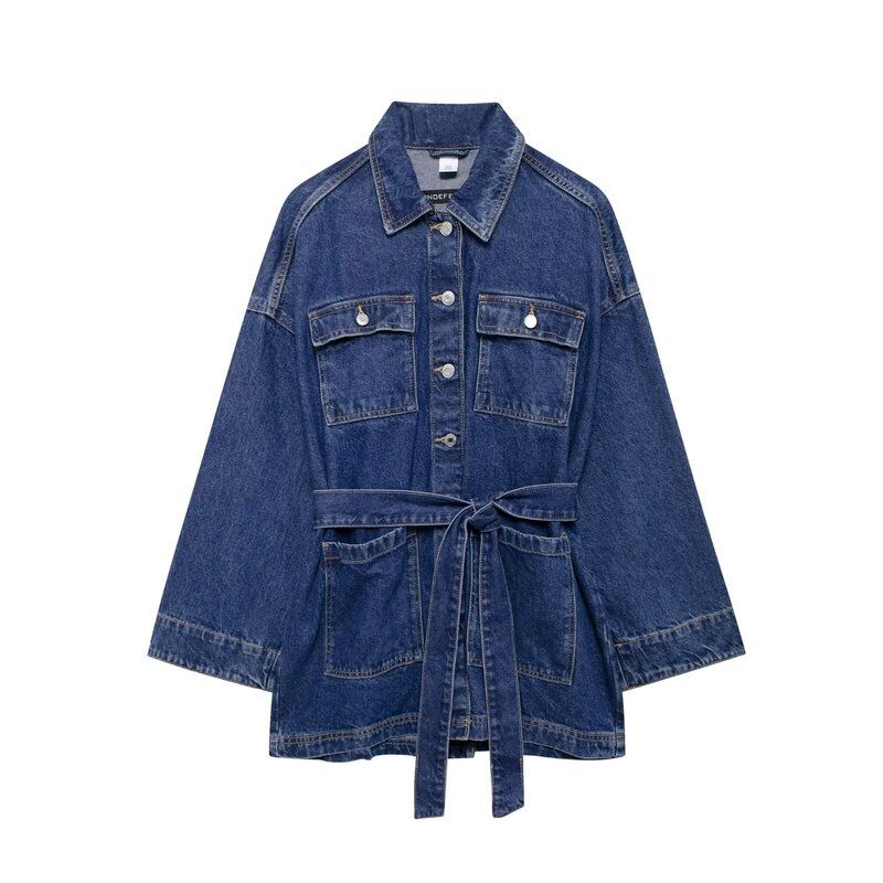 Fashion Style 2024 Autumn New Arrival Women's Clothing Easiest for Match Waist Lace-up Waist-Controlled Lapel Denim Plus Size Outwear 1208391