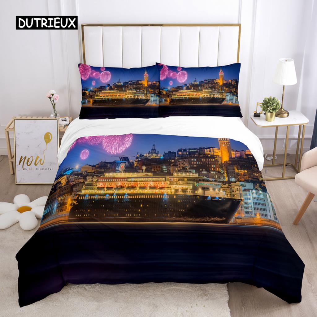 Firework Duvet Cover Set Queen Size Colourful Fires Bedding Set Microfiber Celebrate Merry Christmas Theme Soft Comforter Cover