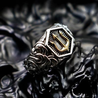 Huajie Personality Men's Retro Marine Trident Pattern Silver Carved Pattern Rings Two Tone Vintage for Men Ring  Tide