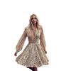 Spring and summer new European and American women's clothing, dress long-sleeved deep V medium skirt perspective sprinkling gold dress