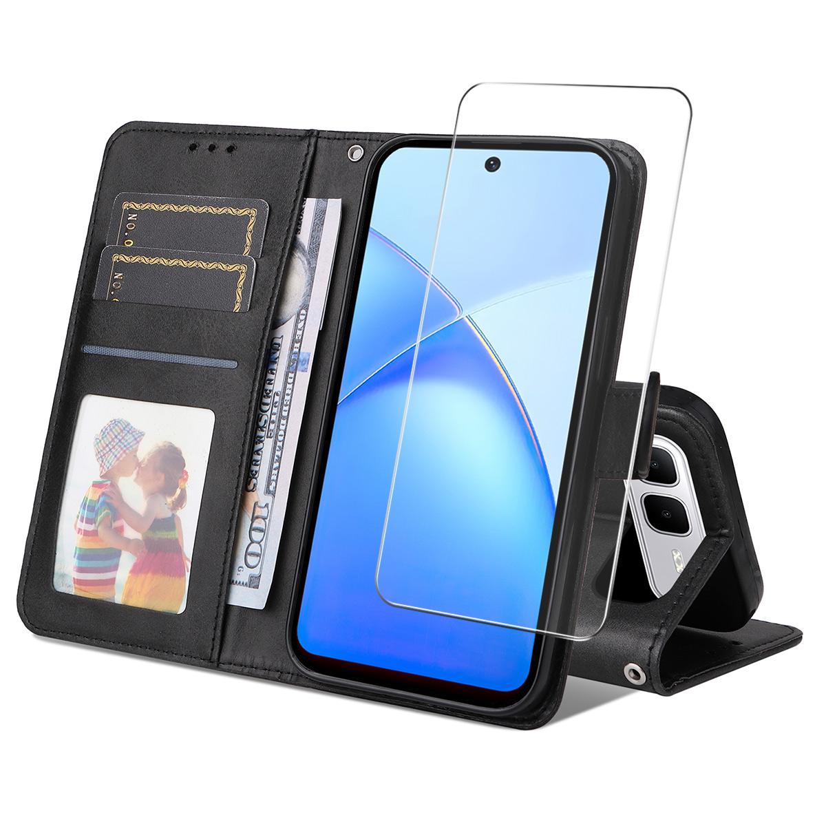 

For Infinix Smart 10 Plus PU Leather Wallet Case Phone Stand Cover with Tempered Glass Black