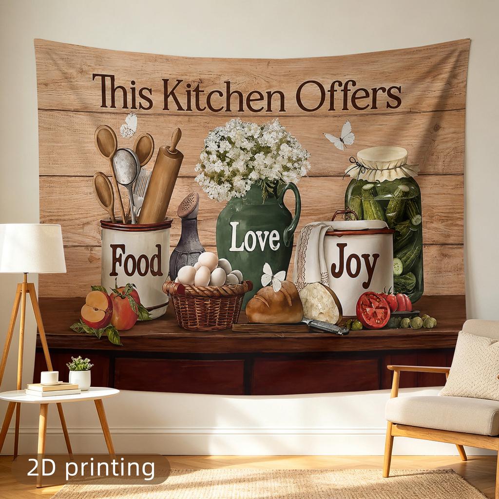 2D Flat - 1pc 2D Printed Tapestry, Large/Small Size, This Kitchen Offers Food Love Joy, Aesthetic Wall Decor, Home Decor, Non-Luminous, Suitable for L