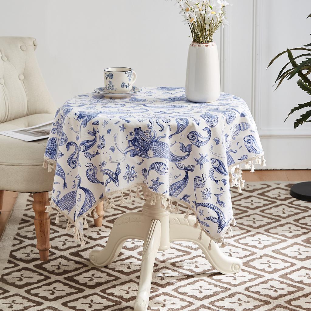 Cotton And Linen Small Fresh Navy Blue Small Flower Round Tablecloth Household Living Room Homestay Decoration Fringed Tablecloth