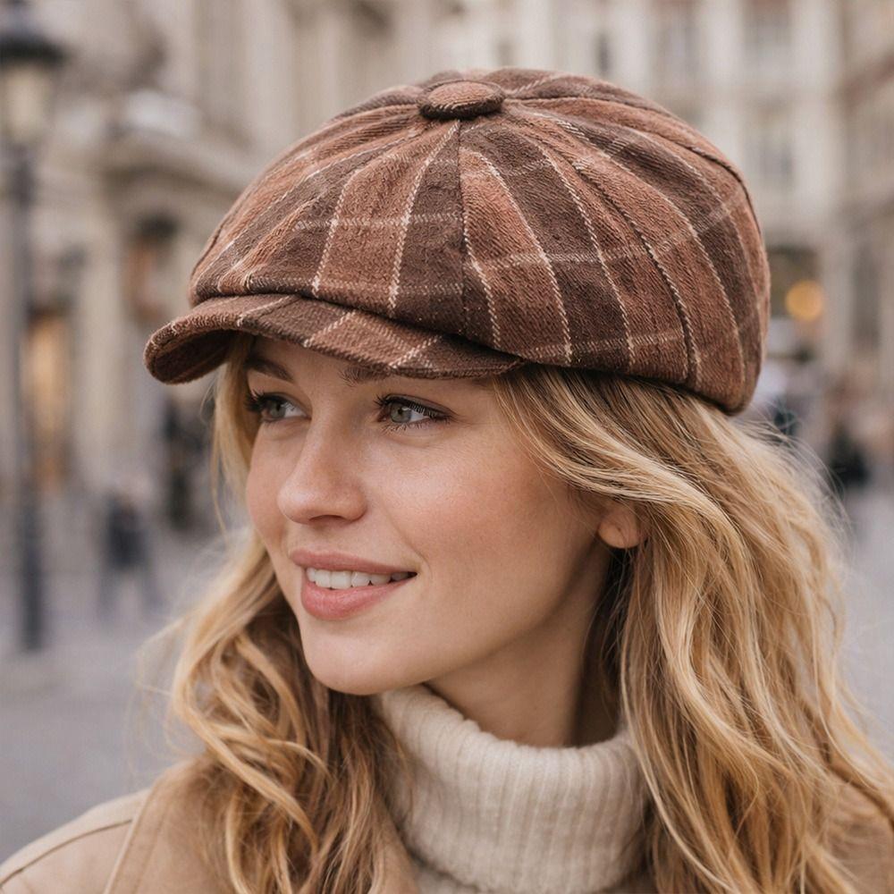 Fashion Headwear Cotton Retro Beret Plaid Octagonal Shape Newsboy Cap Flat Cap Spring Autumn